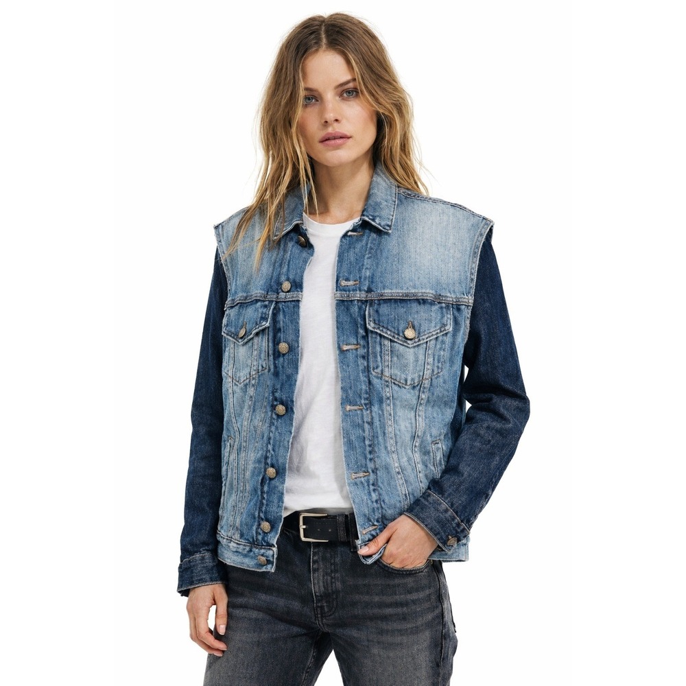 R13 Blue Denim Jean Jacket Vest Style Relaxed Fit Distressed Trucker XS